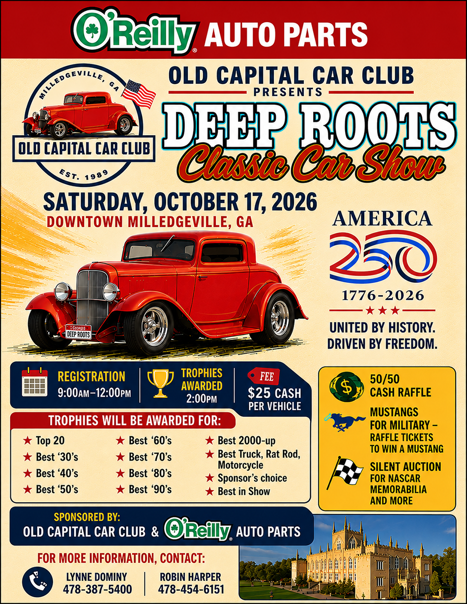 Deep Roots Classic Car Show flyer — Saturday October 17 2026, Downtown Milledgeville GA